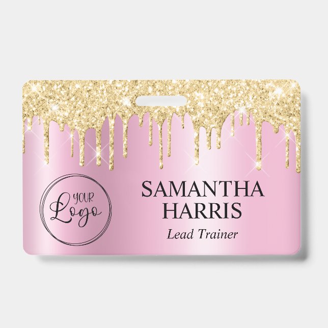 Gold Glitter Drips Pink Shimmer Badge (Front)
