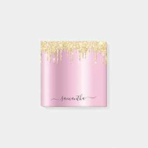 Gold Glitter Drips Pink Shimmer Glam Name Post-it Notes