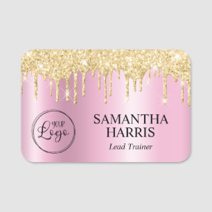 Gold Glitter Drips Pink Shimmer Name Tag