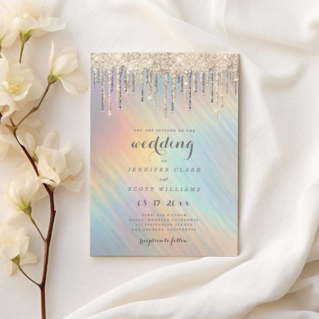 Gold Glitter Drips Rainbow Holographic Wedding Invitation (Gold Glitter Drips Rainbow Holographic Wedding )