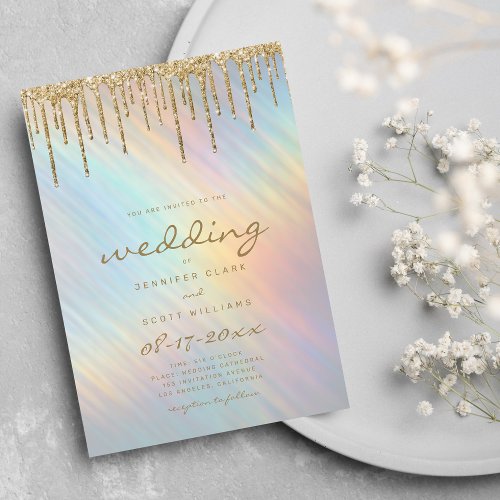 Gold Glitter Drips Rainbow Holographic Wedding Invitation