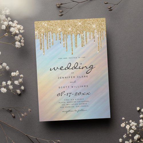 Gold Glitter Drips Rainbow Holographic Wedding Invitation