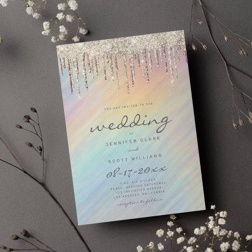 Gold Glitter Drips Rainbow Holographic Wedding Invitation