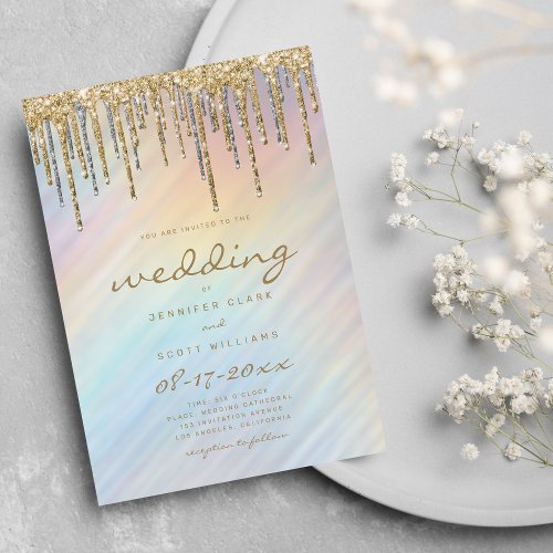 Gold Glitter Drips Rainbow Holographic Wedding Invitation