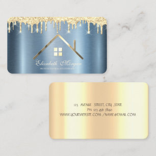 Gold Glitter Drips Real Estate Blue Metallic Business Card
