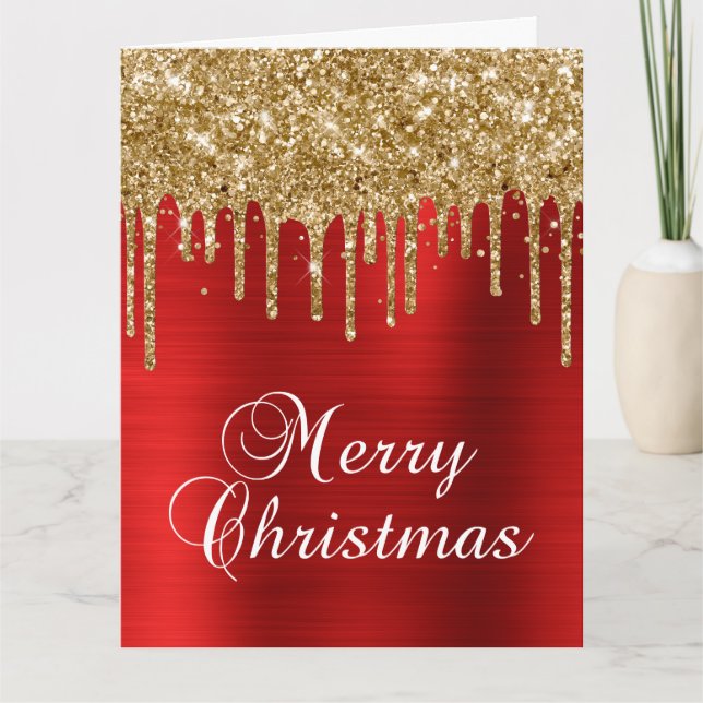 Gold Glitter Drips Red Metallic Merry Christmas Card (Front)