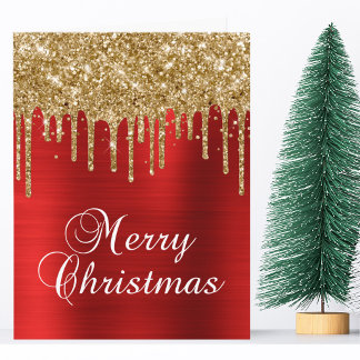 Gold Glitter Drips Red Metallic Merry Christmas Card