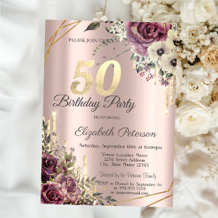 Gold Glitter Drips Rose Gold Floral 50th Birthday Invitation