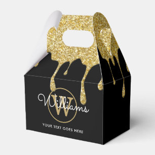 Gold Glitter Drips Script Name Monogram Black Favo Favor Boxes