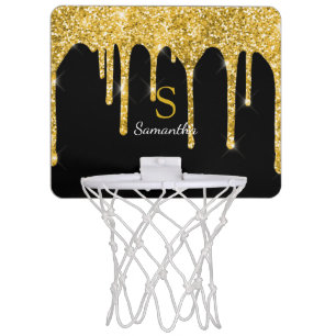 Gold Glitter Drips Sparkle Black Monogram Mini Basketball Hoop