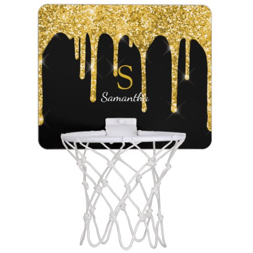 Gold Glitter Drips Sparkle Black Monogram Mini Basketball Hoop