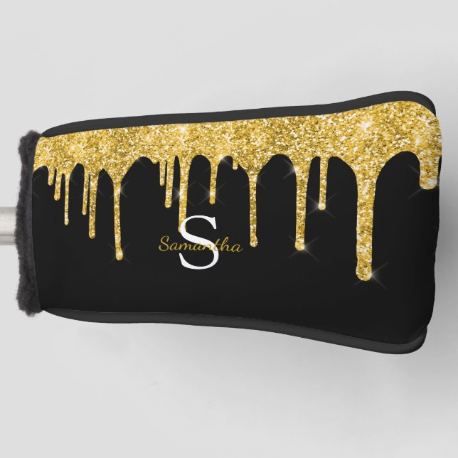 Gold Glitter Drips Sparkle Monogram Name Golf Head Cover (Front)