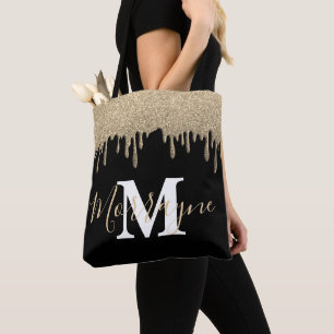 Gold Glitter Drips Sparkles Metallic Monogram Tote Bag