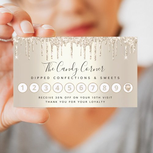 Gold Glitter Drips Strawberry Confection Sweets Loyalty Card