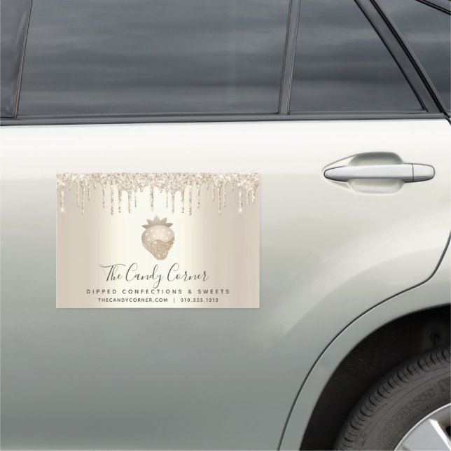 Gold Glitter Drips Sweets Dessert Chef Strawberry Car Magnet (In Situ)