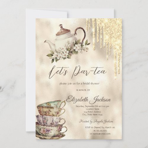 Gold Glitter Drips Tea Set Bridal Shower  Invitation