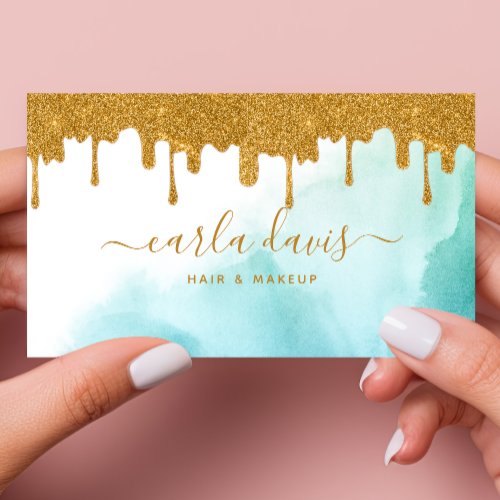 Custom Business Cards 18 Gold Glitter Drips Teal Watercolor Makeup Artist Business Card
