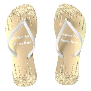 Gold Glitter Drips Text Name Luxury Flip Flops