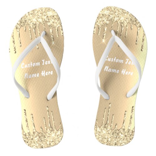 Gold Glitter Drips Text Name Luxury Flip Flops