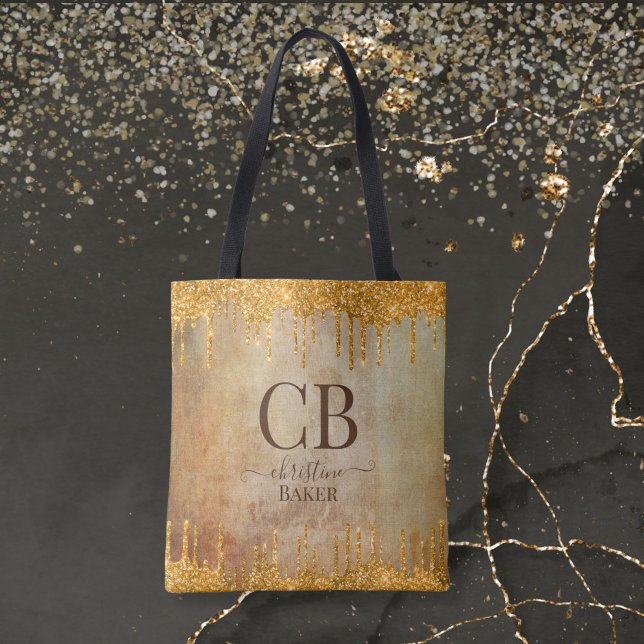 Gold glitter drips with rustic touch personalized tote bag (Creator Uploaded)