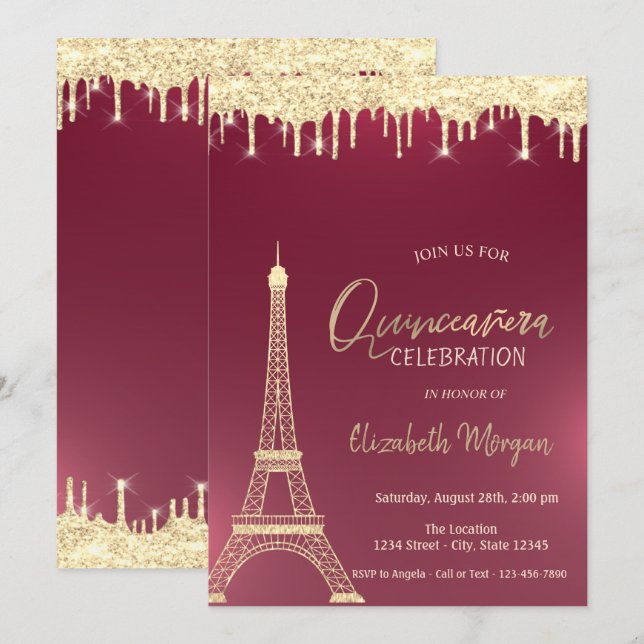 Gold Glitter Drops Eiffel Tower Red Quinceanera Invitation (Front/Back)