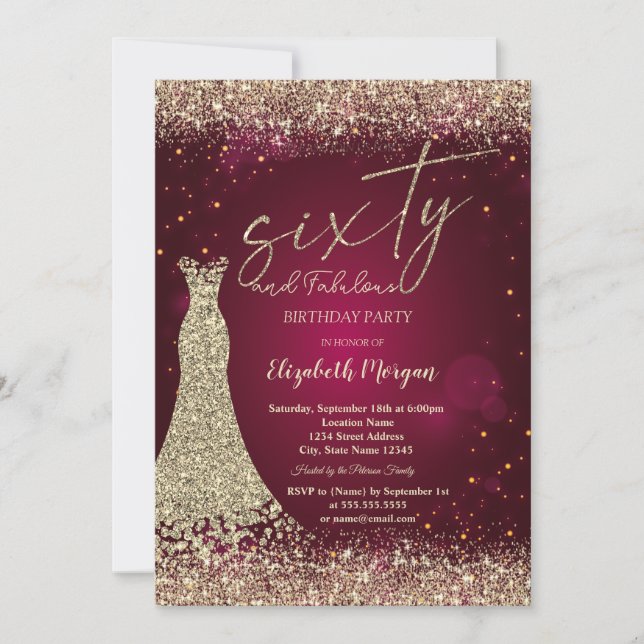 Gold Glitter Dust Border Dress Red 60th Birthday  Invitation (Front)