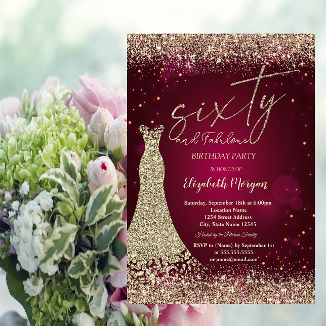 Gold Glitter Dust Border Dress Red 60th Birthday  Invitation (Creator Uploaded)