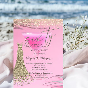Gold Glitter Dust Dress Cocktail 60th Birthday  Invitation