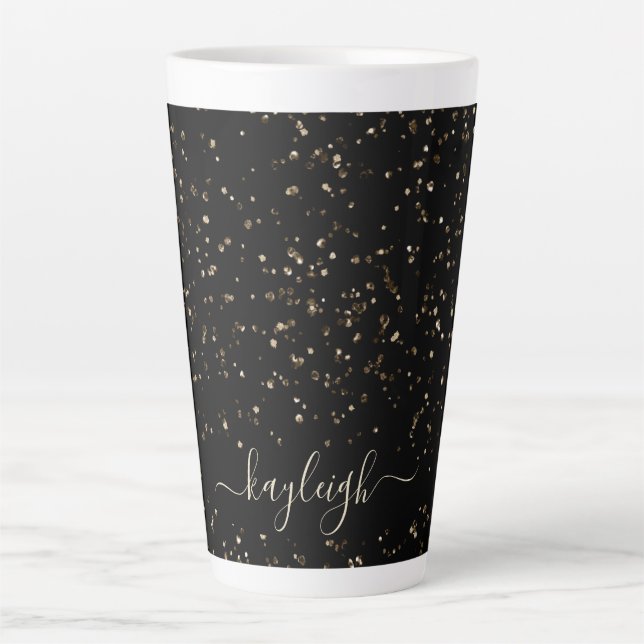 Gold Glitter Dust on Black Personalized Latte Mug (Front)