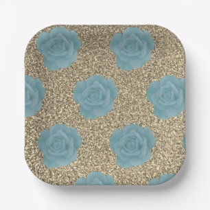 Gold Glitter Dusty Blue Rose Bridal Shower Wedding Paper Plates