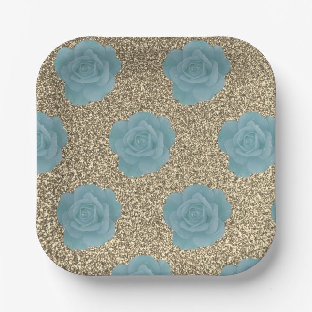 Gold Glitter Dusty Blue Rose Bridal Shower Wedding Paper Plates (Front)