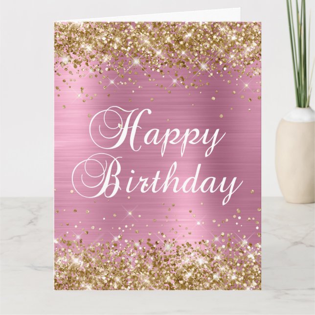 Gold Glitter Dusty Pink Big Happy Birthday Card (Front)