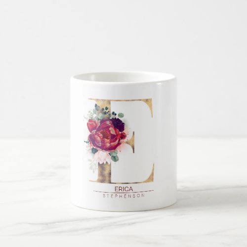 Gold Glitter E Monogram Floral Burgundy Red Coffee Mug