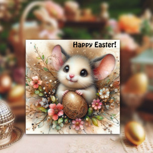 Gold Glitter Easter Egg and Mouse Pink Floral Holiday Card