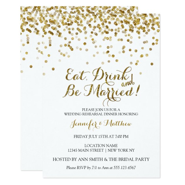 Gold Glitter Eat Drink Be Married Rehearsal Dinner Invitation