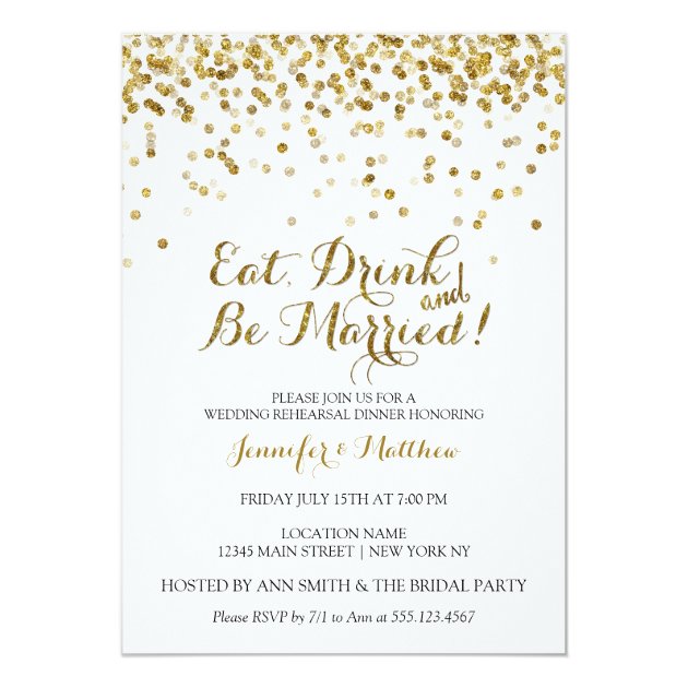Gold Glitter Eat Drink Be Married Rehearsal Dinner Invitation