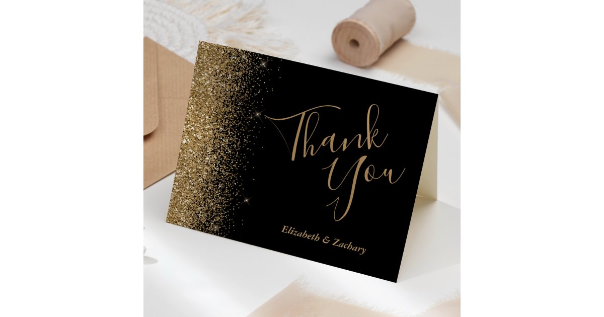 Gold Glitter Edge Black Wedding Thank You Card | Zazzle