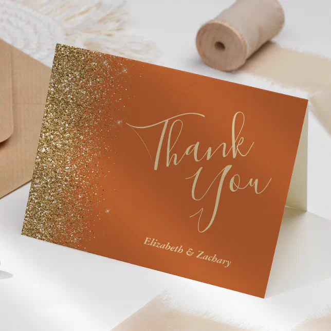 Gold Glitter Edge Black Wedding Thank You Card | Zazzle