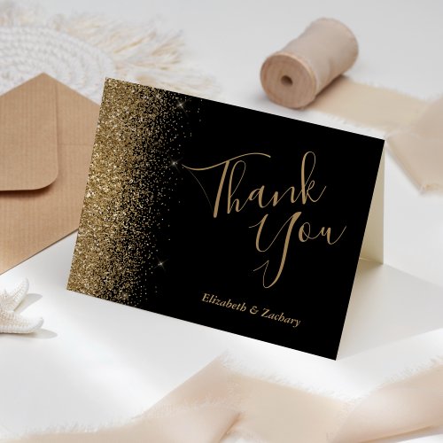 Gold Glitter Edge Black Wedding Thank You Card