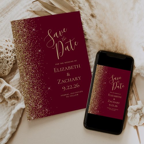 Gold Glitter Edge Burgundy Red Save the Date Announcement