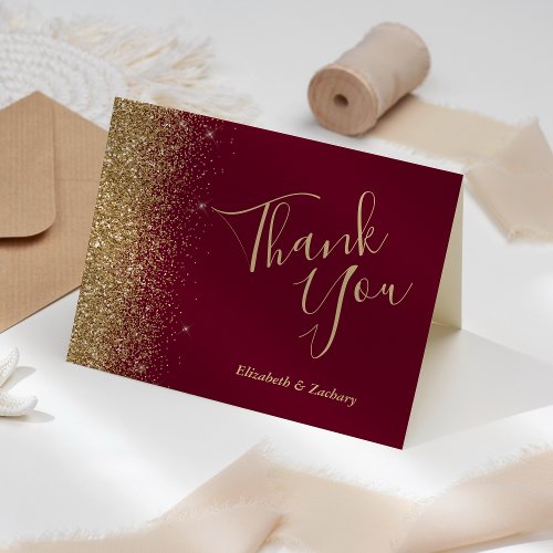 Gold Glitter Edge Burgundy Red Wedding Thank You Card