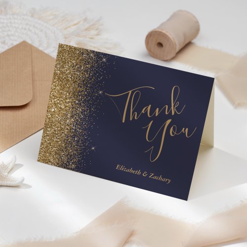 Gold Glitter Edge Dark Blue Wedding Thank You Card