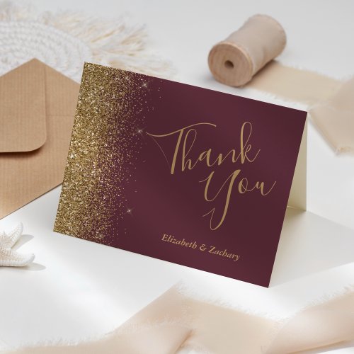 Gold Glitter Edge Dark Burgundy Wedding Thank You Card