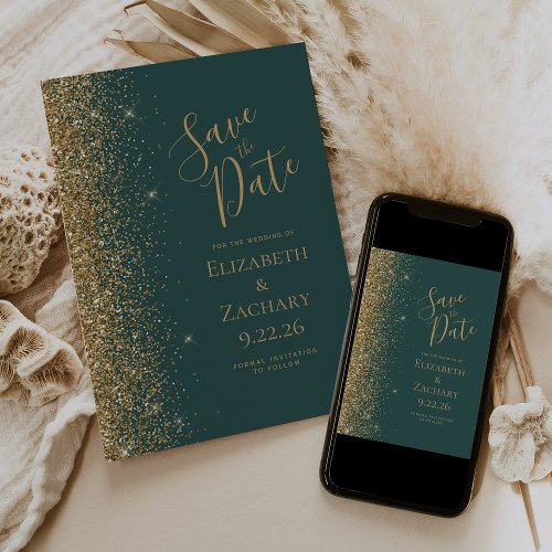 Gold Glitter Edge Dark Green Save the Date Announcement