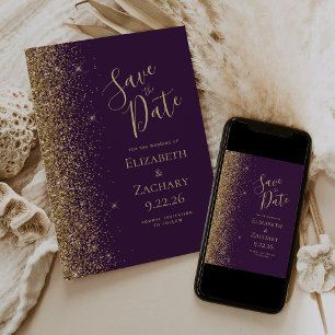 Gold Glitter Edge Dark Purple Save the Date Announcement