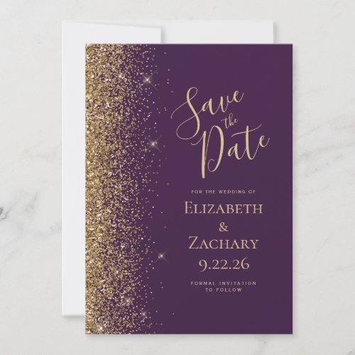 Gold Glitter Edge Dark Purple Save the Date Announcement