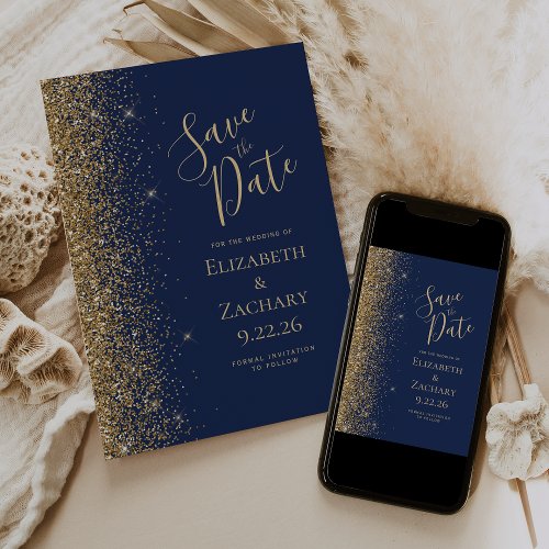 Gold Glitter Edge Navy Blue Save the Date Announcement
