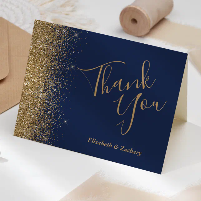 Gold Glitter Edge Navy Blue Wedding Thank You Card | Zazzle