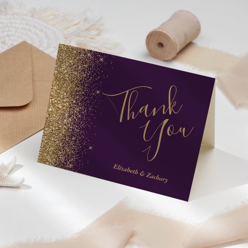 Gold Glitter Edge Purple Wedding Thank You Card