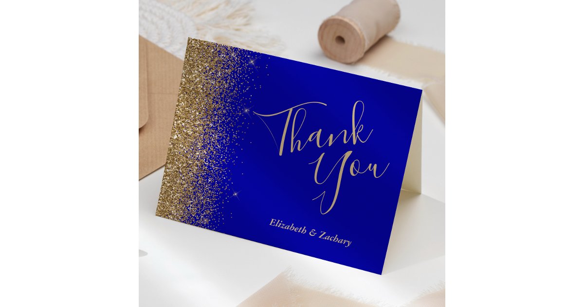 Gold Glitter Edge Royal Blue Wedding Thank You Card | Zazzle